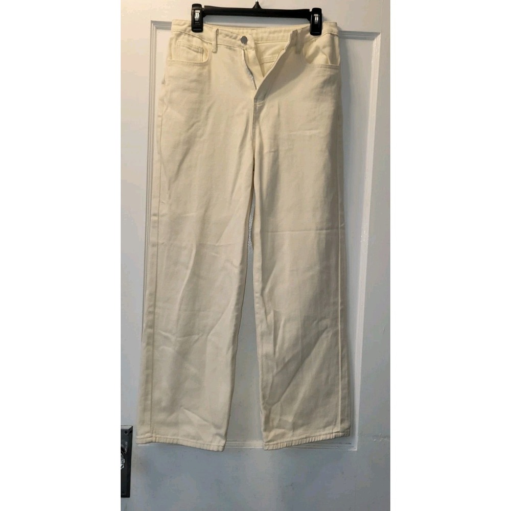 DAZY Ivory Cotton Straight Leg Pants for Women, Button Zip Casual Solid